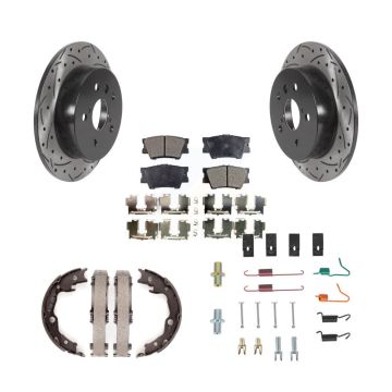Rear Disc Drilled & Slotted Rotors Semi-Metallic Pads Parking Shoes And Hardware Kit For KDF-101636