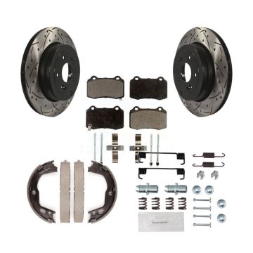 Rear Disc Drilled & Slotted Rotors Semi-Metallic Pads Parking Shoes And Hardware Kit For KDF-101638