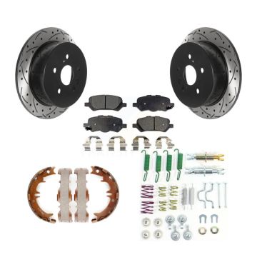 Rear Disc Drilled & Slotted Rotors Semi-Metallic Pads Parking Shoes And Hardware Kit For KDF-101641