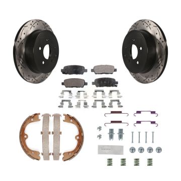 Rear Disc Drilled & Slotted Rotors Semi-Metallic Pads Parking Shoes Hardware Kit For FX35 KDF-101643