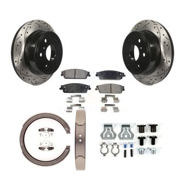 Rear Disc Drilled & Slotted Rotors Semi-Metallic Pads Parking Shoes Hardware Kit For GMC KDF-101644