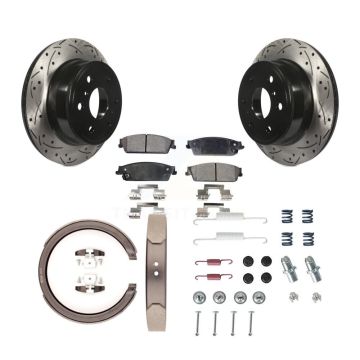 Rear Disc Drilled & Slotted Rotors Semi-Metallic Pads Parking Shoes Hardware Kit For GMC KDF-101645