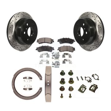 Rear Disc Drilled & Slotted Rotors Semi-Metallic Pads Parking Shoes And Hardware Kit For KDF-101646