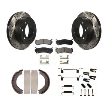 Rear Disc Drilled & Slotted Rotors Semi-Metallic Pads Parking Shoes Hardware Kit For 2500 KDF-101647