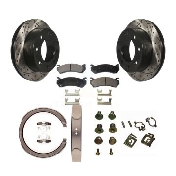 Rear Disc Drilled & Slotted Rotors Semi-Metallic Pads Parking Shoes Hardware Kit For GMC KDF-101651