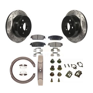 Rear Disc Drilled & Slotted Rotors Semi-Metallic Pads Parking Shoes Hardware Kit For 1500 KDF-101652