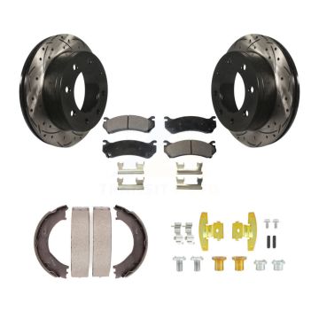 Rear Disc Drilled & Slotted Rotors Semi-Metallic Pads Parking Shoes Hardware Kit For GMC KDF-101654