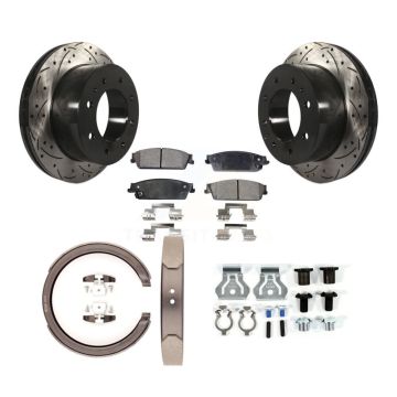 Rear Disc Drilled & Slotted Rotors Semi-Metallic Pads Parking Shoes And Hardware Kit For KDF-101655