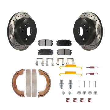 Rear Disc Drilled & Slotted Rotors Semi-Metallic Pads Parking Shoes Hardware Kit For GMC KDF-101656