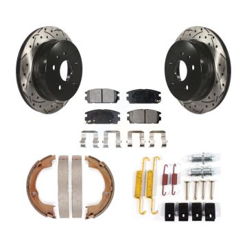 Rear Disc Drilled & Slotted Rotors Semi-Metallic Pads Parking Shoes Hardware Kit For GMC KDF-101657