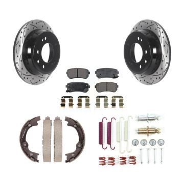 Rear Disc Drilled & Slotted Rotors Semi-Metallic Pads Parking Shoes And Hardware Kit For KDF-101658