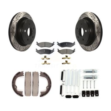Rear Disc Drilled & Slotted Rotors Semi-Metallic Pads Parking Shoes Hardware Kit For Ram KDF-101659