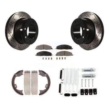 Rear Disc Drilled & Slotted Rotors Semi-Metallic Pads Parking Shoes And Hardware Kit For KDF-101660