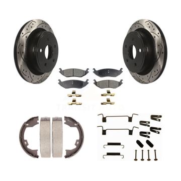 Rear Disc Drilled & Slotted Rotors Semi-Metallic Pads Parking Shoes And Hardware Kit For KDF-101661