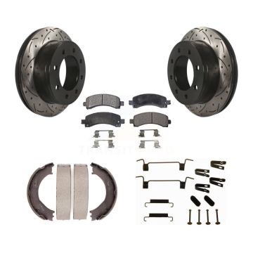 Rear Disc Drilled & Slotted Rotors Semi-Metallic Pads Parking Shoes Hardware Kit For GMC KDF-101664