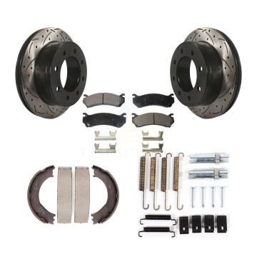 Rear Disc Drilled & Slotted Rotors Semi-Metallic Pads Parking Shoes Hardware Kit For GMC KDF-101665