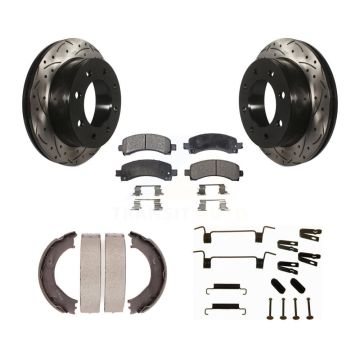 Rear Disc Drilled & Slotted Rotors Semi-Metallic Pads Parking Shoes Hardware Kit For 3500 KDF-101666