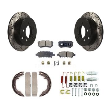 Rear Disc Drilled & Slotted Rotors Semi-Metallic Pads Parking Shoes Hardware Kit For Jeep KDF-101669