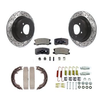 Rear Disc Drilled & Slotted Rotors Semi-Metallic Pads Parking Shoes Hardware Kit For Jeep KDF-101670