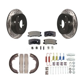 Rear Disc Drilled & Slotted Rotors Semi-Metallic Pads Parking Shoes And Hardware Kit For KDF-101671