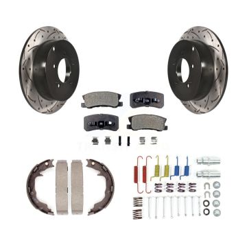 Rear Disc Drilled & Slotted Rotors Semi-Metallic Pads Parking Shoes And Hardware Kit For KDF-101673