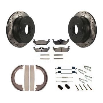Rear Disc Drilled & Slotted Rotors Semi-Metallic Pads Parking Shoes Hardware Kit For Ford KDF-101675