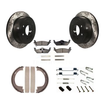 Rear Disc Drilled & Slotted Rotors Semi-Metallic Pads Parking Shoes Hardware Kit For Ford KDF-101676