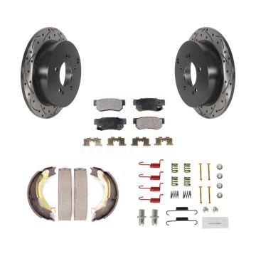 Rear Disc Drilled & Slotted Rotors Semi-Metallic Pads Parking Shoes Hardware Kit For Kia KDF-101678