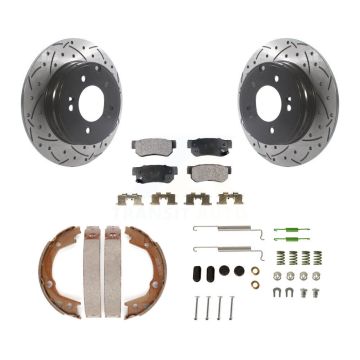 Rear Disc Drilled & Slotted Rotors Semi-Metallic Pads Parking Shoes And Hardware Kit For KDF-101679