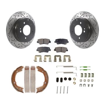 Rear Disc Drilled & Slotted Rotors Semi-Metallic Pads Parking Shoes And Hardware Kit For KDF-101680