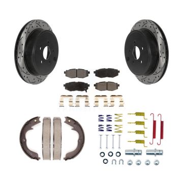 Rear Disc Drilled & Slotted Rotors Semi-Metallic Pads Parking Shoes And Hardware Kit For KDF-101684
