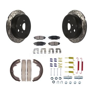 Rear Disc Drilled & Slotted Rotors Semi-Metallic Pads Parking Shoes And Hardware Kit For KDF-101685
