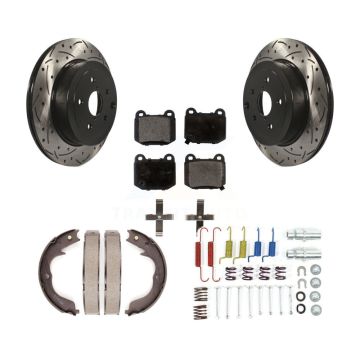 Rear Disc Drilled & Slotted Rotors Semi-Metallic Pads Parking Shoes And Hardware Kit For KDF-101686