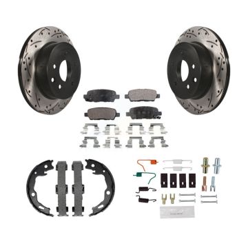 Rear Disc Drilled & Slotted Rotors Semi-Metallic Pads Parking Shoes And Hardware Kit For KDF-101687