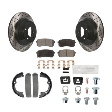 Rear Disc Drilled & Slotted Rotors Semi-Metallic Pads Parking Shoes And Hardware Kit For KDF-101688