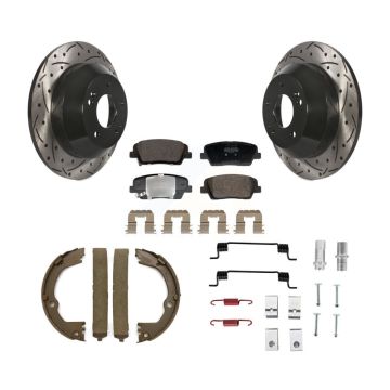Rear Disc Drilled & Slotted Rotors Semi-Metallic Pads Parking Shoes Hardware Kit For Fe KDF-101689