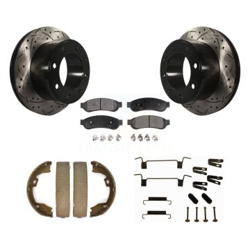 Rear Disc Drilled & Slotted Rotors Semi-Metallic Pads Parking Shoes Hardware Kit For Ford KDF-101694