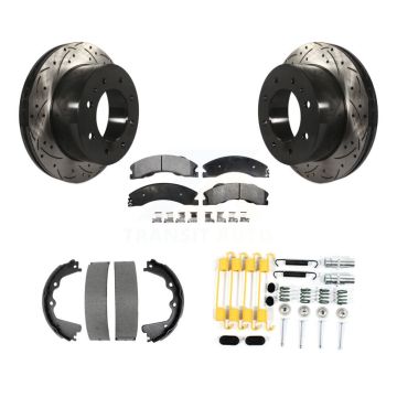Rear Disc Drilled & Slotted Rotors Semi-Metallic Pads Parking Shoes Hardware Kit For GMC KDF-101695
