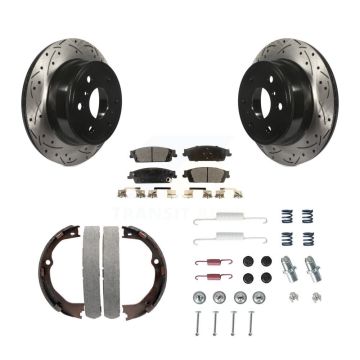 Rear Disc Drilled & Slotted Rotors Semi-Metallic Pads Parking Shoes Hardware Kit For GMC KDF-101698