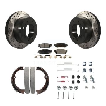 Rear Disc Drilled & Slotted Rotors Semi-Metallic Pads Parking Shoes And Hardware Kit For KDF-101699