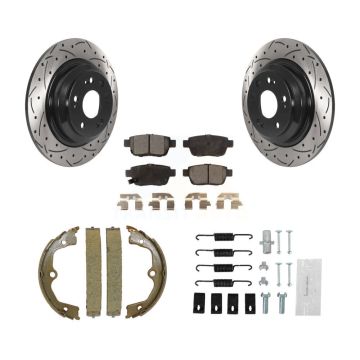 Rear Disc Drilled & Slotted Rotors Semi-Metallic Pads Parking Shoes And Hardware Kit For KDF-101700