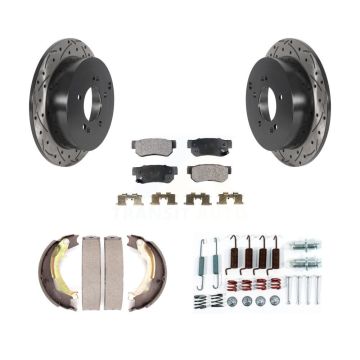 Rear Disc Drilled & Slotted Rotors Semi-Metallic Pads Parking Shoes And Hardware Kit For KDF-101701