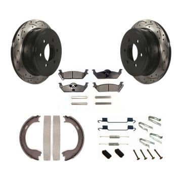 Rear Disc Drilled & Slotted Rotors Semi-Metallic Pads Parking Shoes And Hardware Kit For KDF-101702