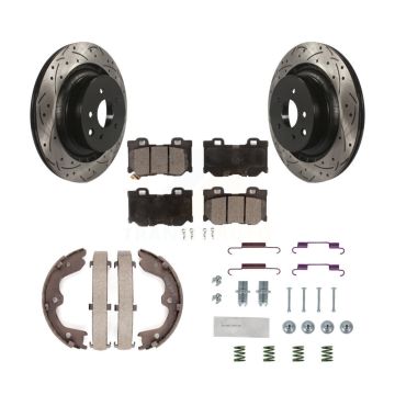Rear Disc Drilled & Slotted Rotors Semi-Metallic Pads Parking Shoes Hardware Kit For G37 KDF-101704