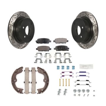 Rear Disc Drilled & Slotted Rotors Semi-Metallic Pads Parking Shoes And Hardware Kit For KDF-101706