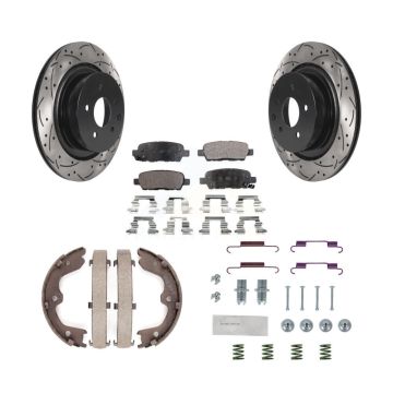 Rear Disc Drilled & Slotted Rotors Semi-Metallic Pads Parking Shoes Hardware Kit For G35 KDF-101707