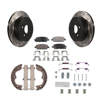 Rear Disc Drilled & Slotted Rotors Semi-Metallic Pads Parking Shoes Hardware Kit For FX35 KDF-101710