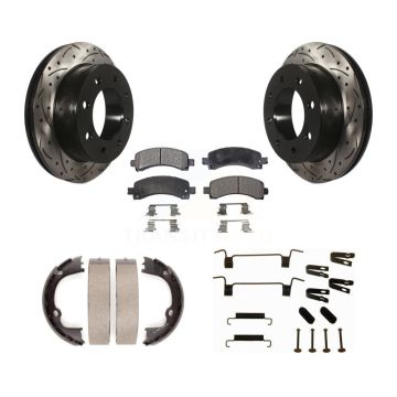 Rear Disc Drilled & Slotted Rotors Semi-Metallic Pads Parking Shoes Hardware Kit For GMC KDF-101713