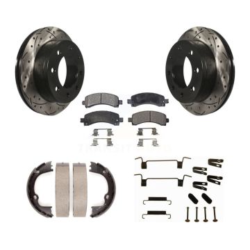 Rear Disc Drilled & Slotted Rotors Semi-Metallic Pads Parking Shoes Hardware Kit For 2500 KDF-101719