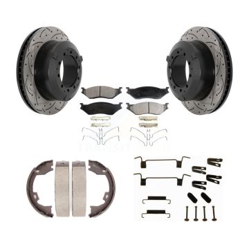 Rear Disc Drilled & Slotted Rotors Semi-Metallic Pads Parking Shoes Hardware Kit For Ford KDF-101722